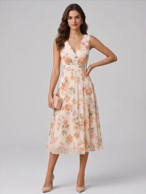 Ever-Pretty Floral V-Neck Sleeveless Midi Dress